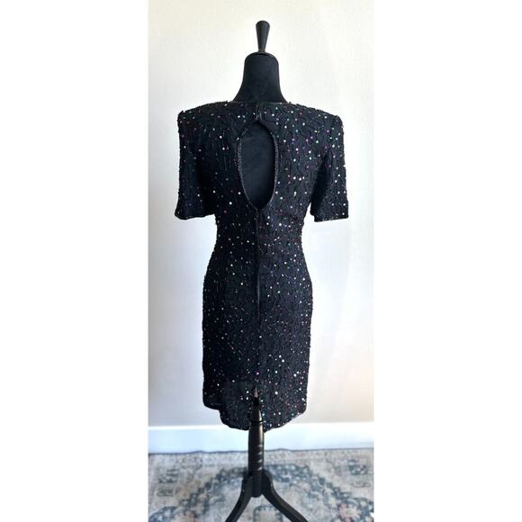 NWT Vintage Women's Cut Silk Black Rainbow Beaded Midi Cocktail Dress Size 4 - Picture 2 of 7